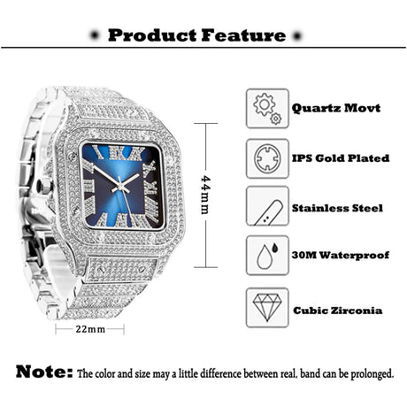 Moissanite Watch Men Diamond Tested Gold Watch Men Fashion Luxury Design Blue Dial Square Watches Hip Hop AAA Jewelry Timepieces